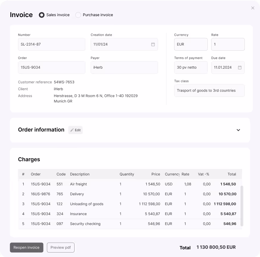 Logistics SaaS Platform - счет